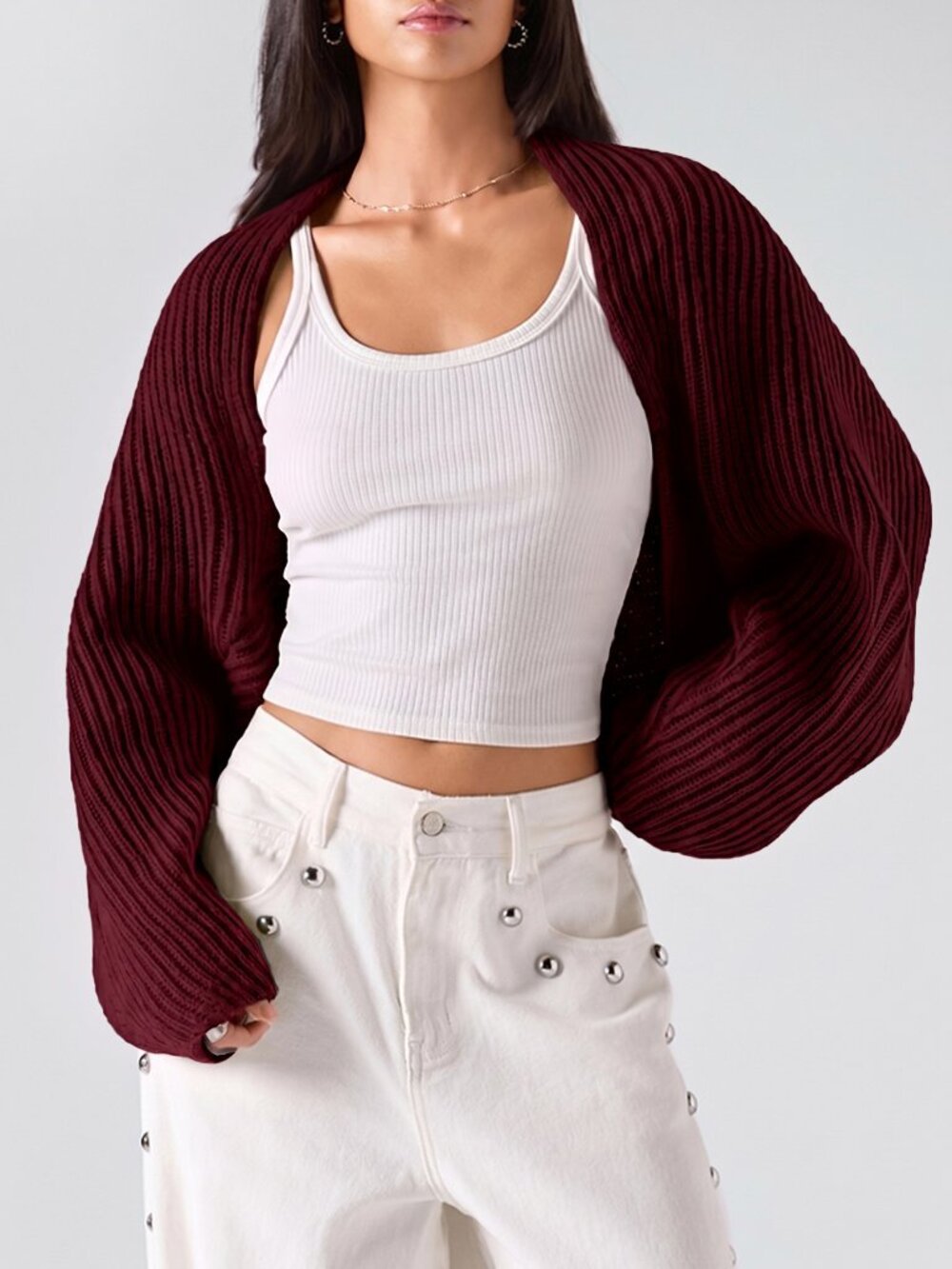 Burgundy Casual Women's Rib-Knit Oversized Batwing Short Cardigan Shawl Sweater